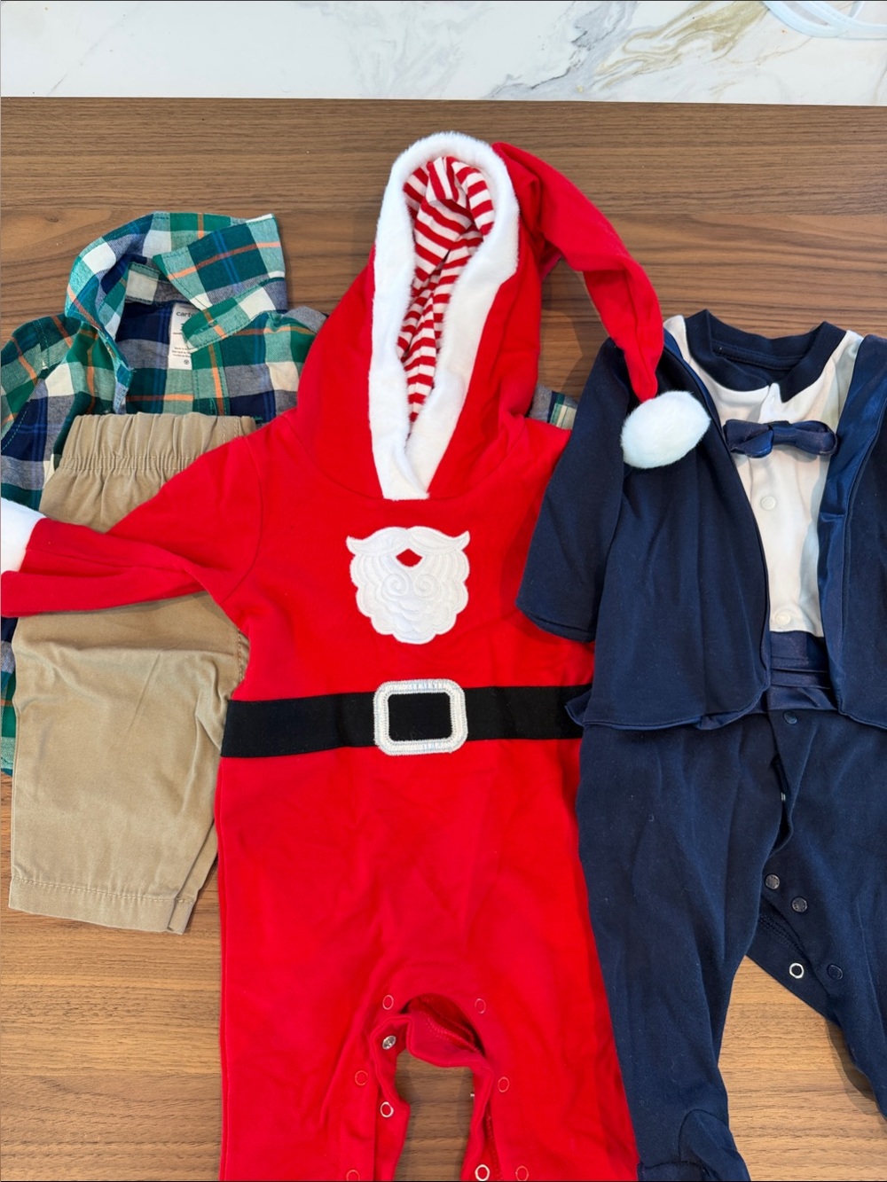 Baby bundle! Santa costume onesie, blue tuxedo and plaid shirt with khaki pants